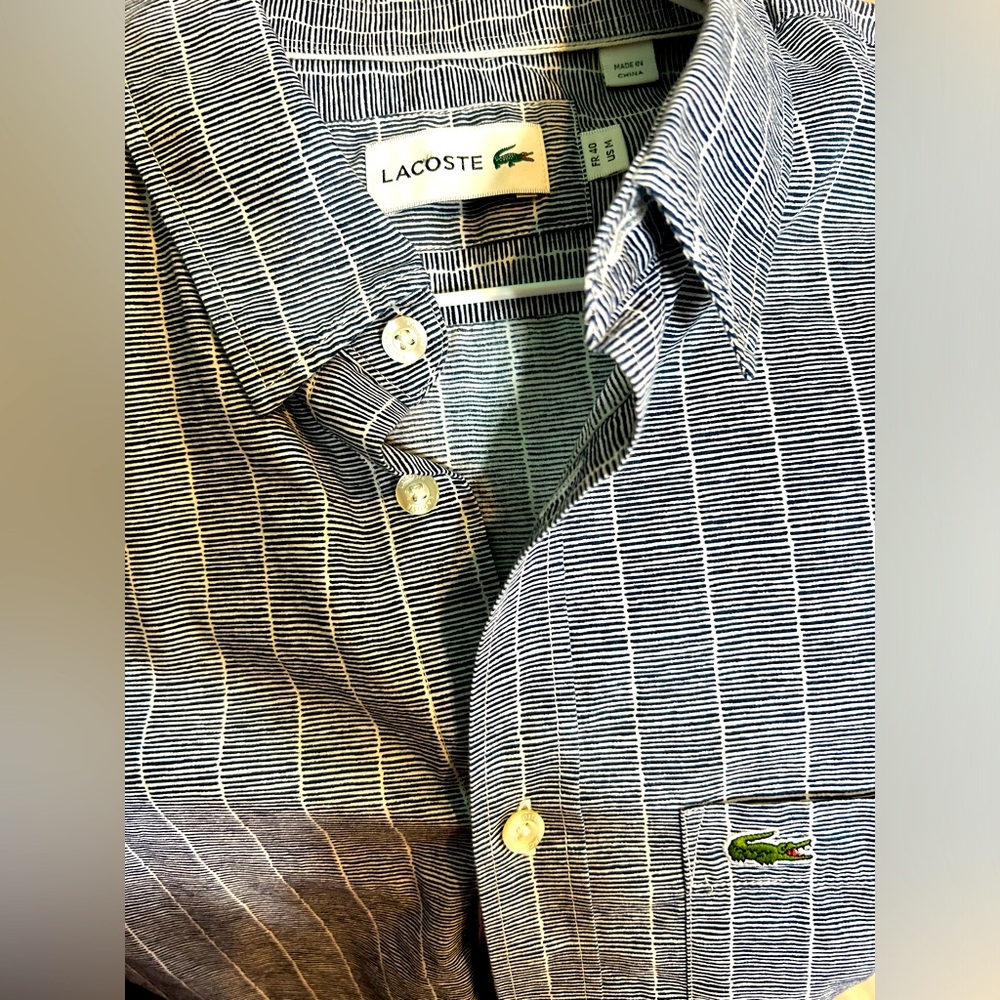 Lacoste Gingham Shirt Men Short Sleeve Button Down Navy Classic Fit Size‎ 40(M)
